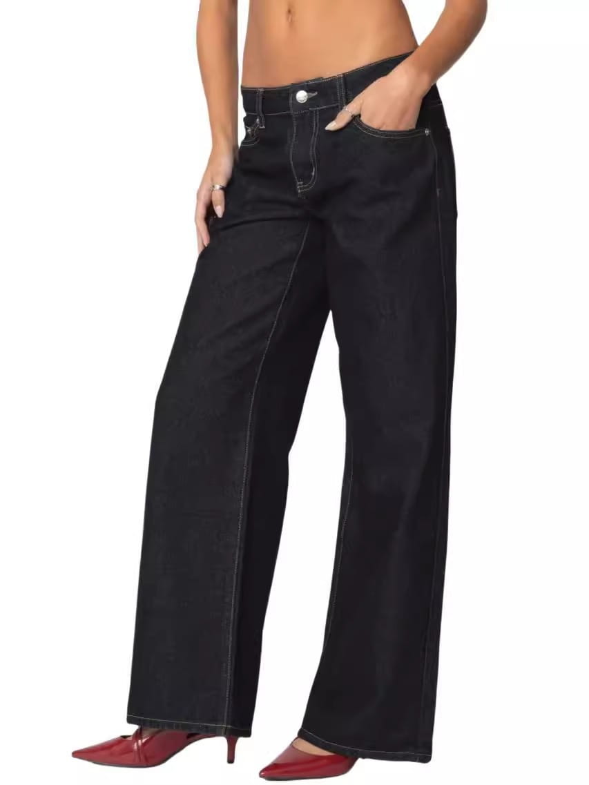 Black high waist wide leg denim jeans with a straight cut silhouette and visible stitching details.