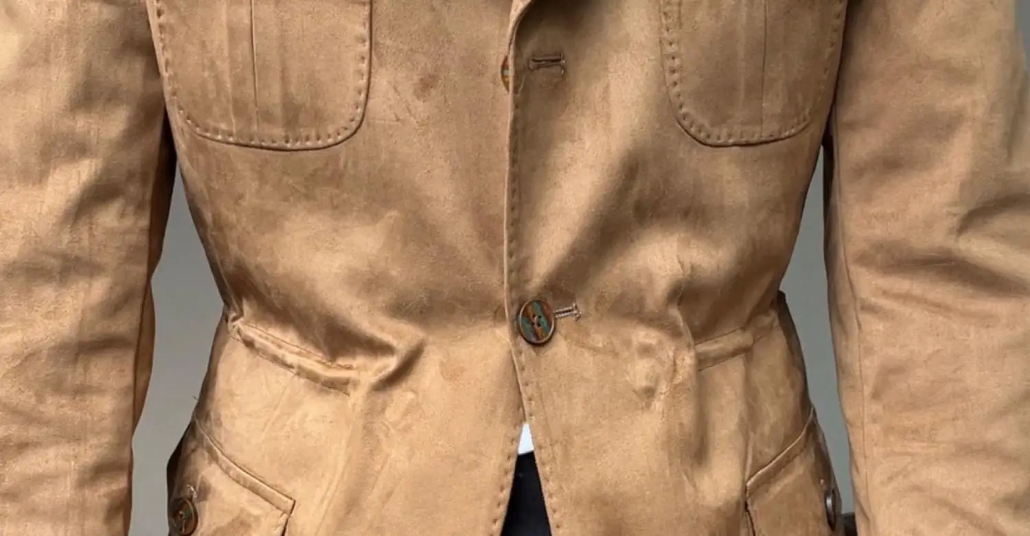 Abrigo de terciopelo de ante para hombre en color camel con dos bolsillos en el pecho y cierre con un solo botón para vestir retro de primavera