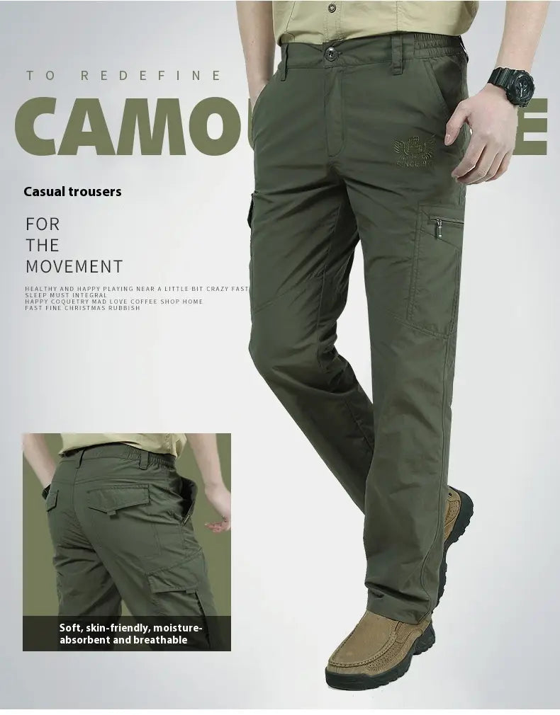 Plus size loose olive green cargo pants with multiple pockets and a subtle embroidered logo on the thigh designed as durable tactical trousers.