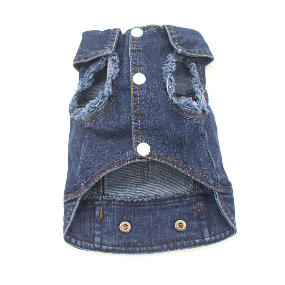 Blue denim dog vest with frayed edges and white buttons featuring strawberry embroidery for puppies.