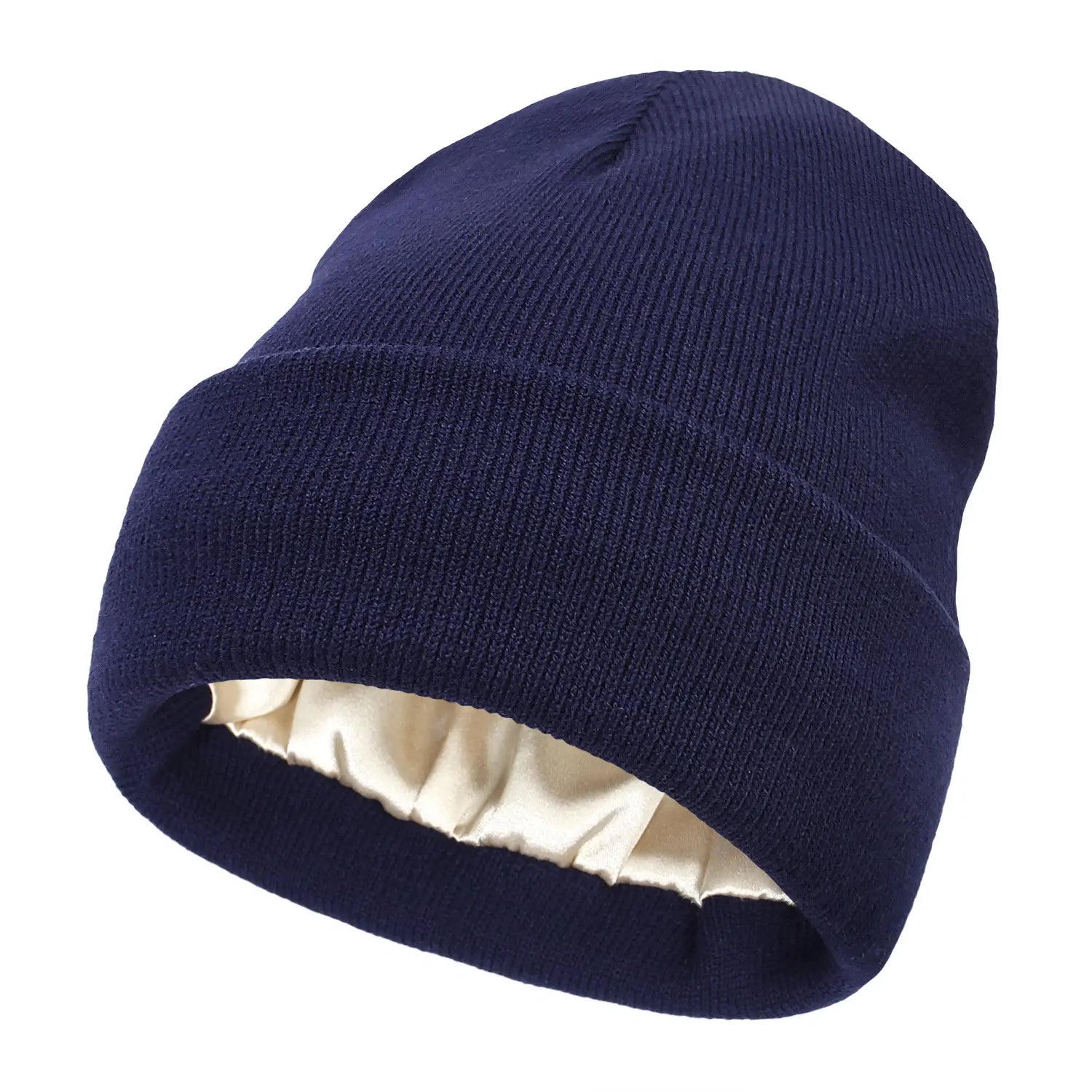 navy blue ribbed knit beanie with a satin-lined interior designed as a warm winter hat for comfort and style