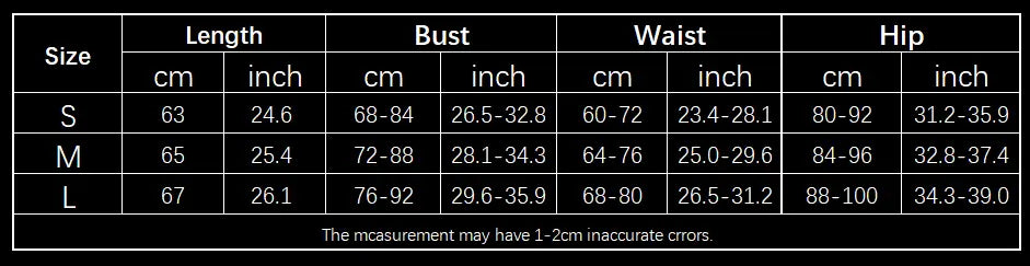 Size chart table showing measurements in centimeters and inches for small, medium, and large sizes detailing length, bust, waist, and hip dimensions for the Y2k ruched strapless side slit mini dress.