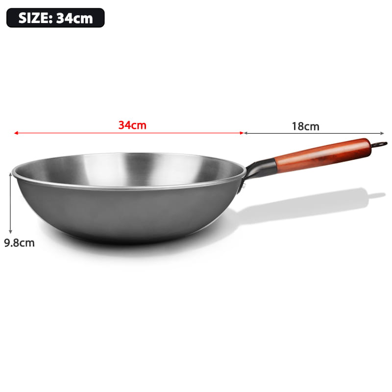 Ein 34-cm-Wok aus Edelstahl mit Schmiedeeisen-Antihaftbeschichtung und Holzgriff, geeignet für vielseitiges Kochen.