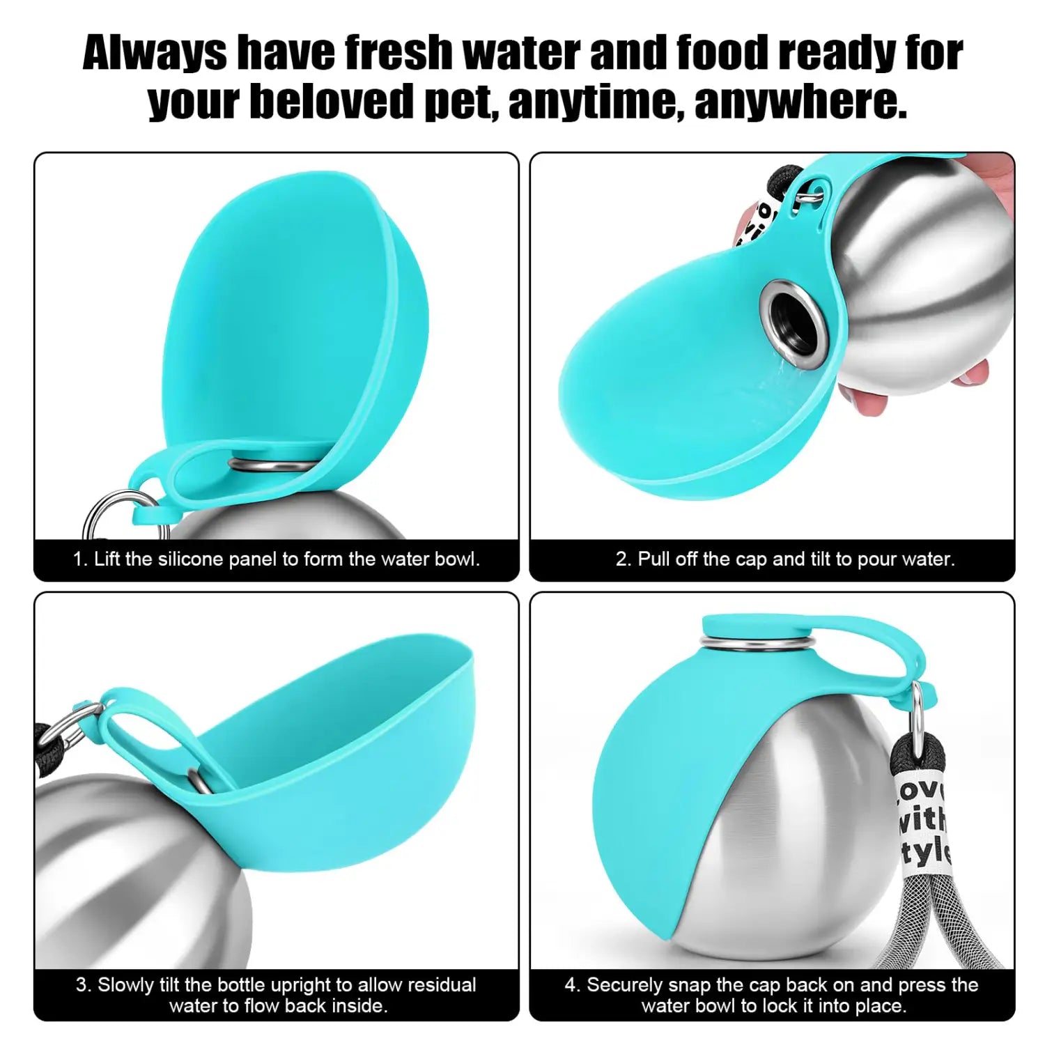 Eine elegante türkisfarbene Silikon-Wasserschale, die auf eine tragbare Hunde-Wasserflasche aus Edelstahl einrastet, für eine praktische Hydration unterwegs.
