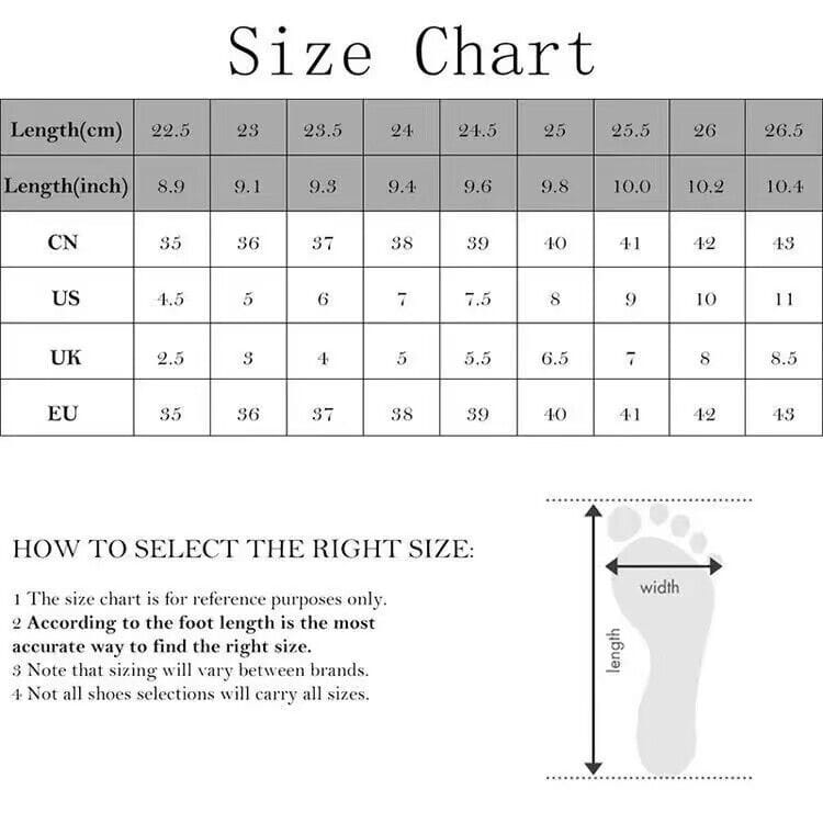 Size chart for air cushion thong sandals wedge leather flip flops showing international footwear measurements in centimeters and inches for CN, US, UK, and EU sizes.