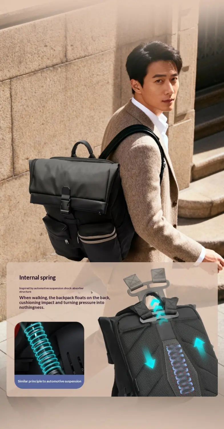 Black roll top business backpack with sleek minimalist design, subtle gray accent stripes, and water resistant 25 liter capacity.