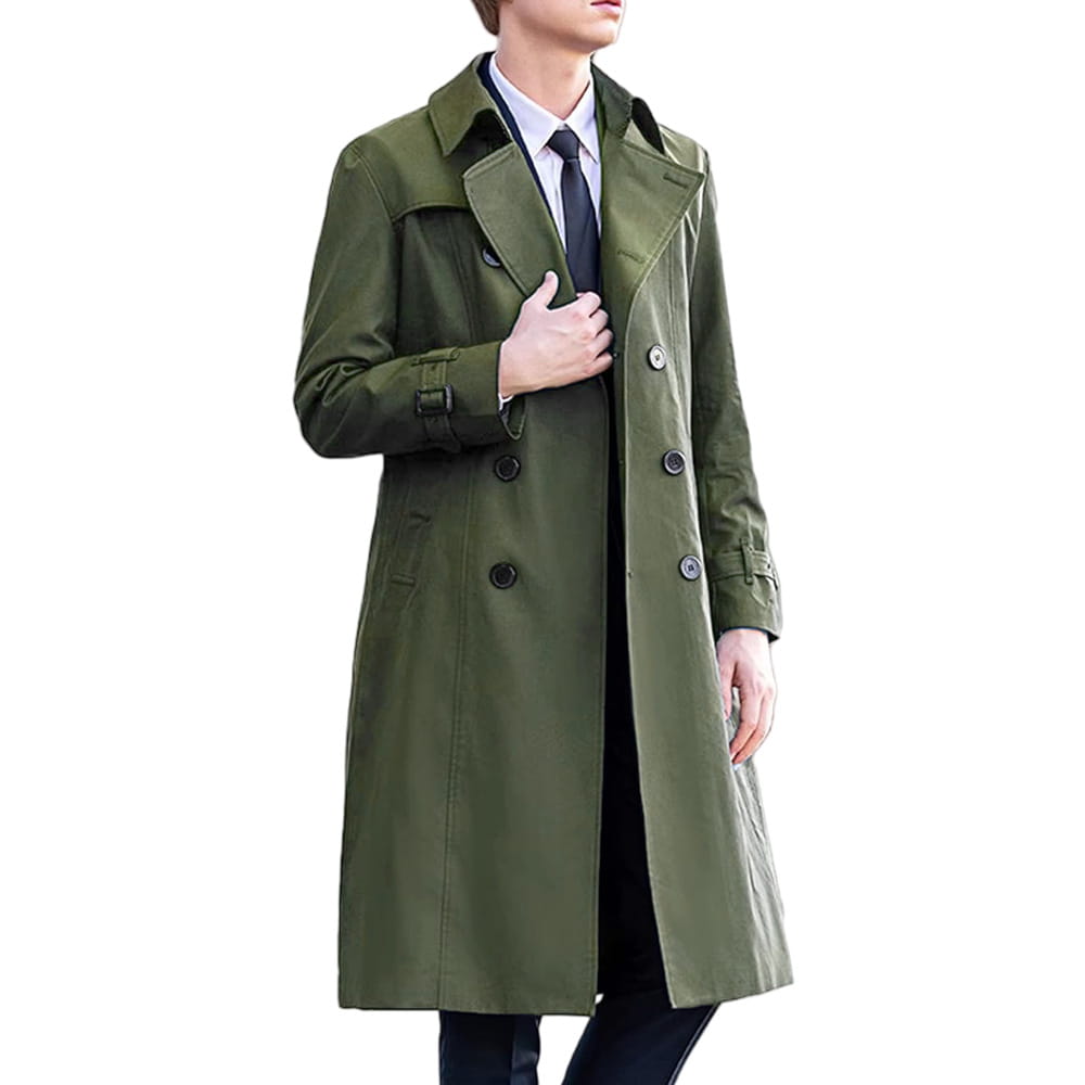 Men solid color long trench coat in olive green with black buttons and adjustable cuffs.