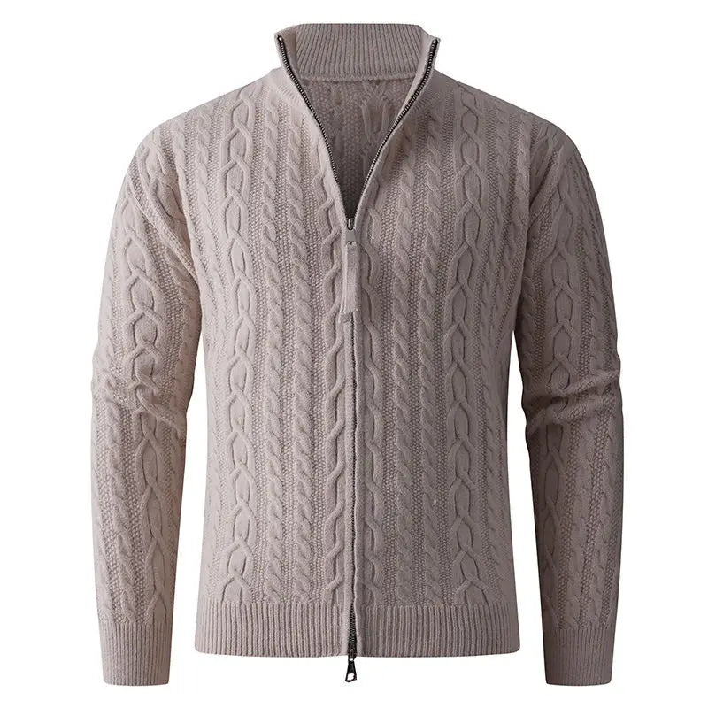 Men thick beige cable knit sweater with half zip and ribbed collar and cuffs made from warm material