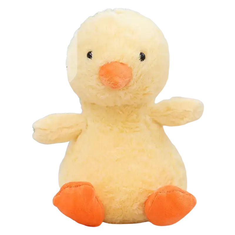 Soft yellow plush duck with orange beak and feet featuring black button eyes from 23cm kawaii animals elephant bear collection