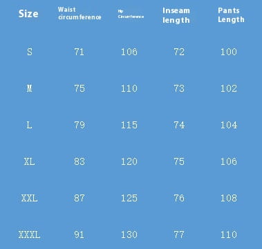 Blue table displaying size chart for men’s vintage cargo jacket multi pocket suit pants.