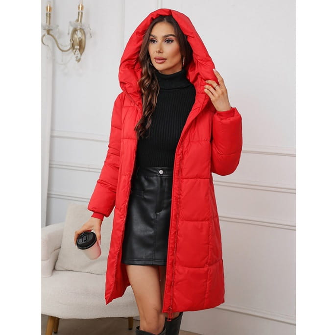 Women hooded quilted puffer coat in vibrant red with a sleek long design and ribbed cuffs made for thick winter wear.