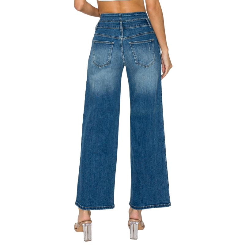 medium blue wide leg denim jeans featuring high-waisted fit and faded wash in blue denim material