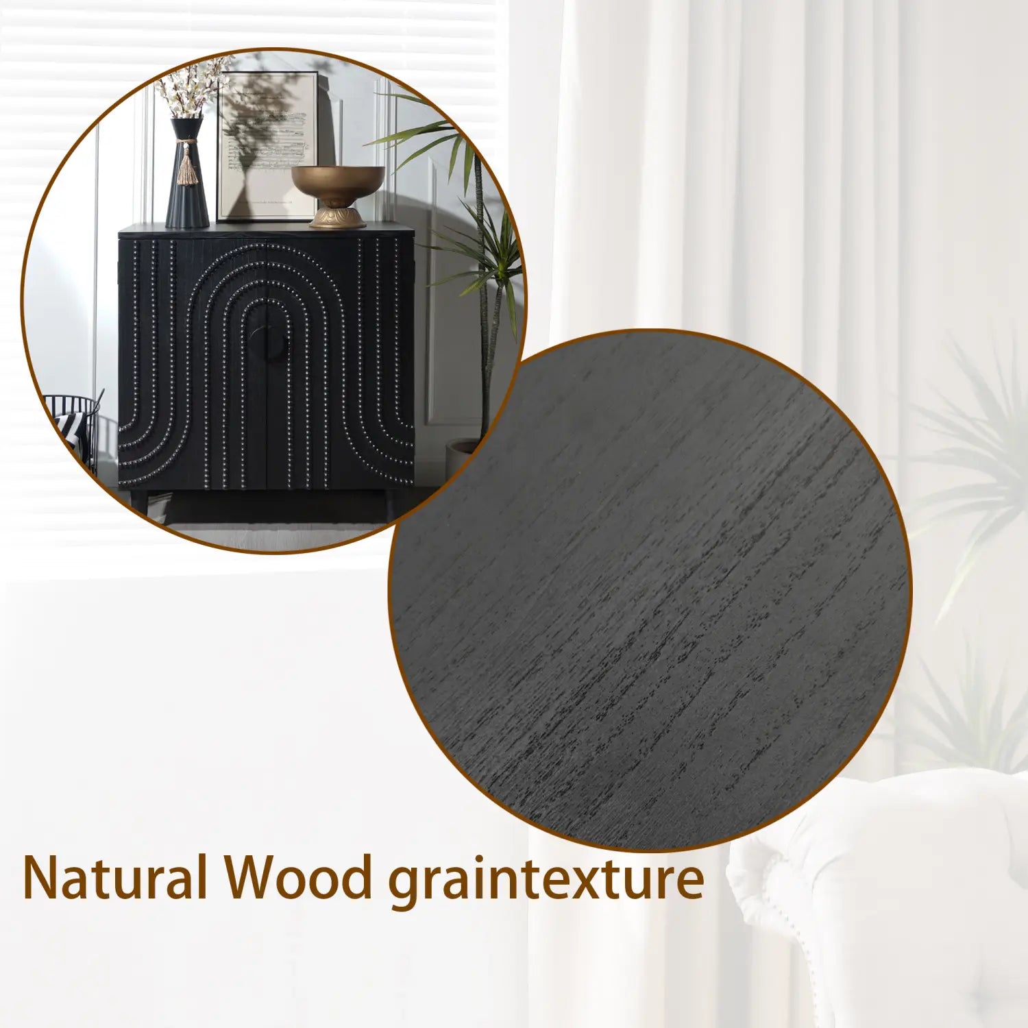 Black storage cabinet with natural wood grain texture and decorative white nailhead trim along its curved arched beaded door panel design.