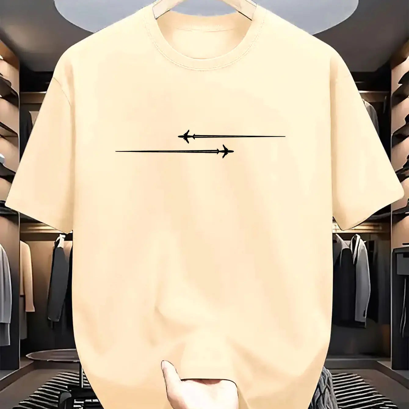 Cream-colored cotton blend sport t-shirt featuring a minimalist black graphic of two airplanes flying in parallel lines.