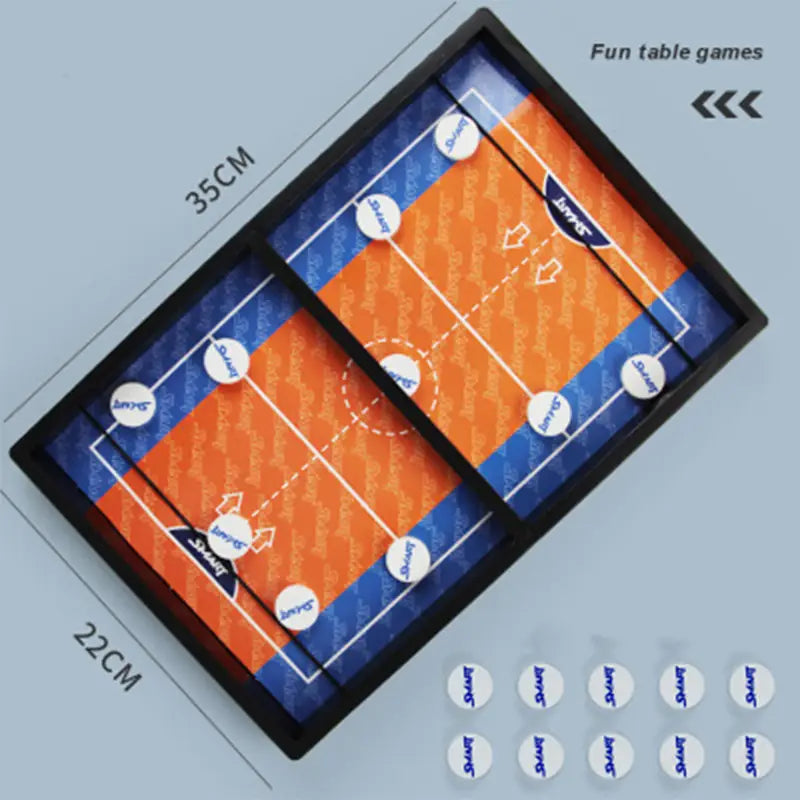Wooden fast sling puck game with a rectangular tabletop volleyball court design in orange and blue, featuring a black frame and white circular player tokens for interactive play.