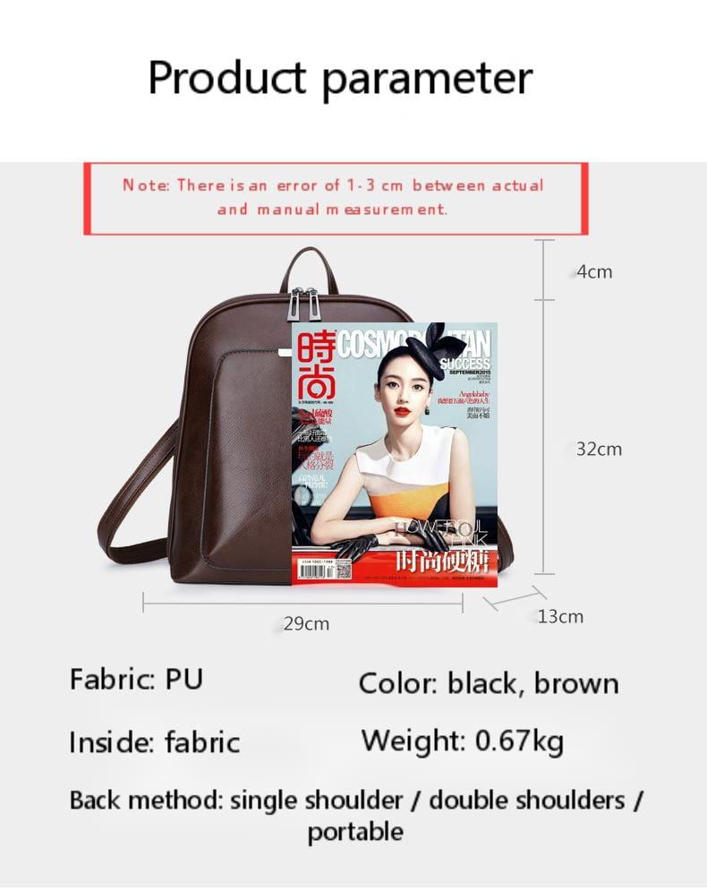 Brown pu leather anti-theft backpack featuring a magazine print with a model and Chinese text.
