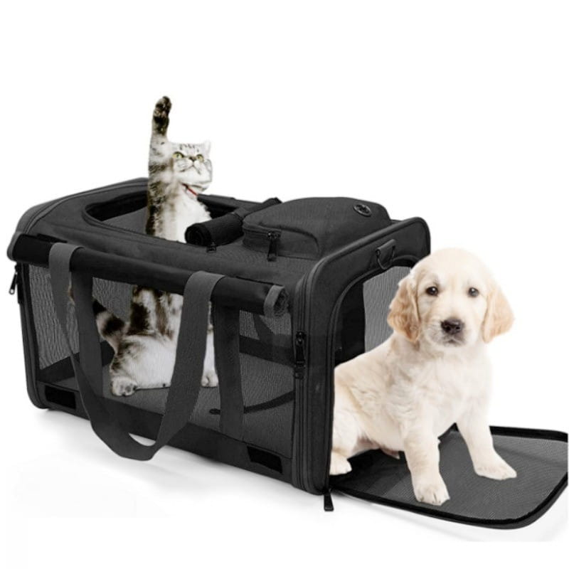 Black breathable oxford mesh pet carrier shoulder bag with sturdy handles and a zippered front compartment.