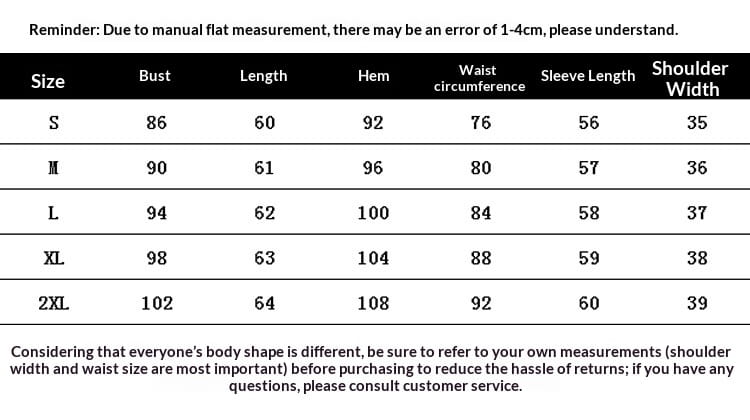 Guide des tailles en centimètres pour la blouse ample en satin pour femmes à col ajusté, avec des accents de boutons perle, indiquant la longueur du buste, la longueur de la tunique, le tour de taille, la longueur de manche et la largeur d’épaule selon les tailles S à 2XL.