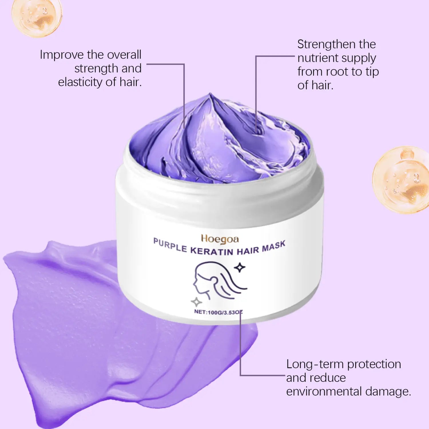 Un frasco cilíndrico blanco de mascarilla capilar de queratina morada Hoegoa, con una textura cremosa morada vibrante que se desborda ligeramente por el borde para cabello seco y encrespado de 50 ml.