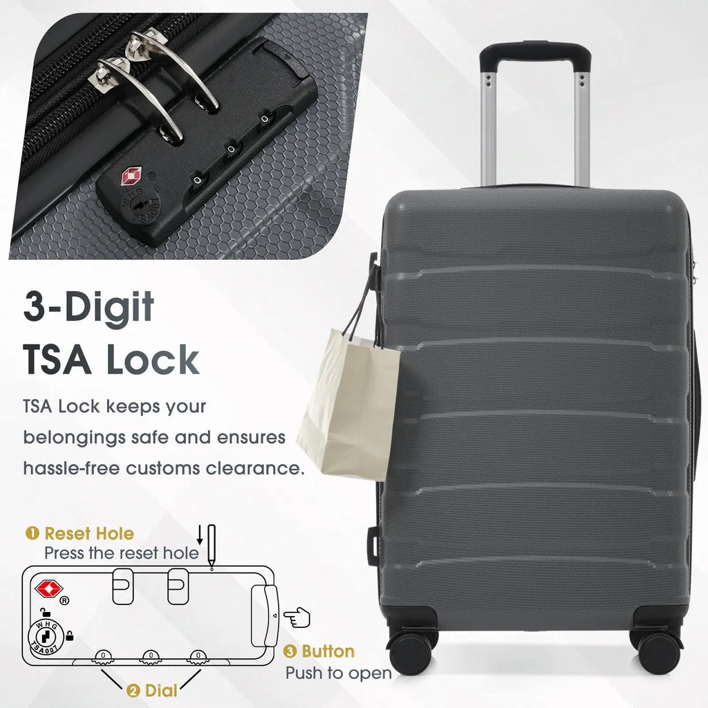 Dark gray 24 inch expandable hardshell checked luggage with tsa lock telescoping handle and four spinner wheels visible from back