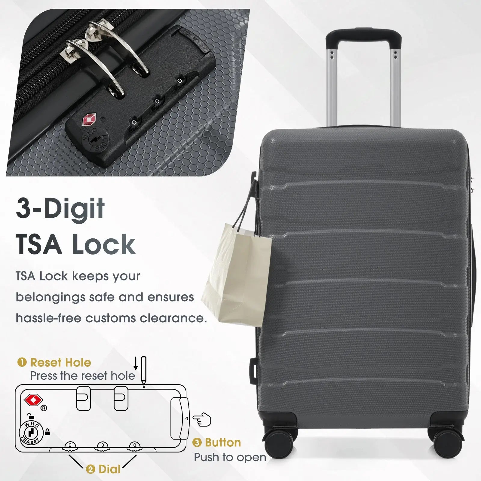 Dark gray 24 inch expandable hardshell checked luggage with tsa lock telescoping handle and four spinner wheels visible from back