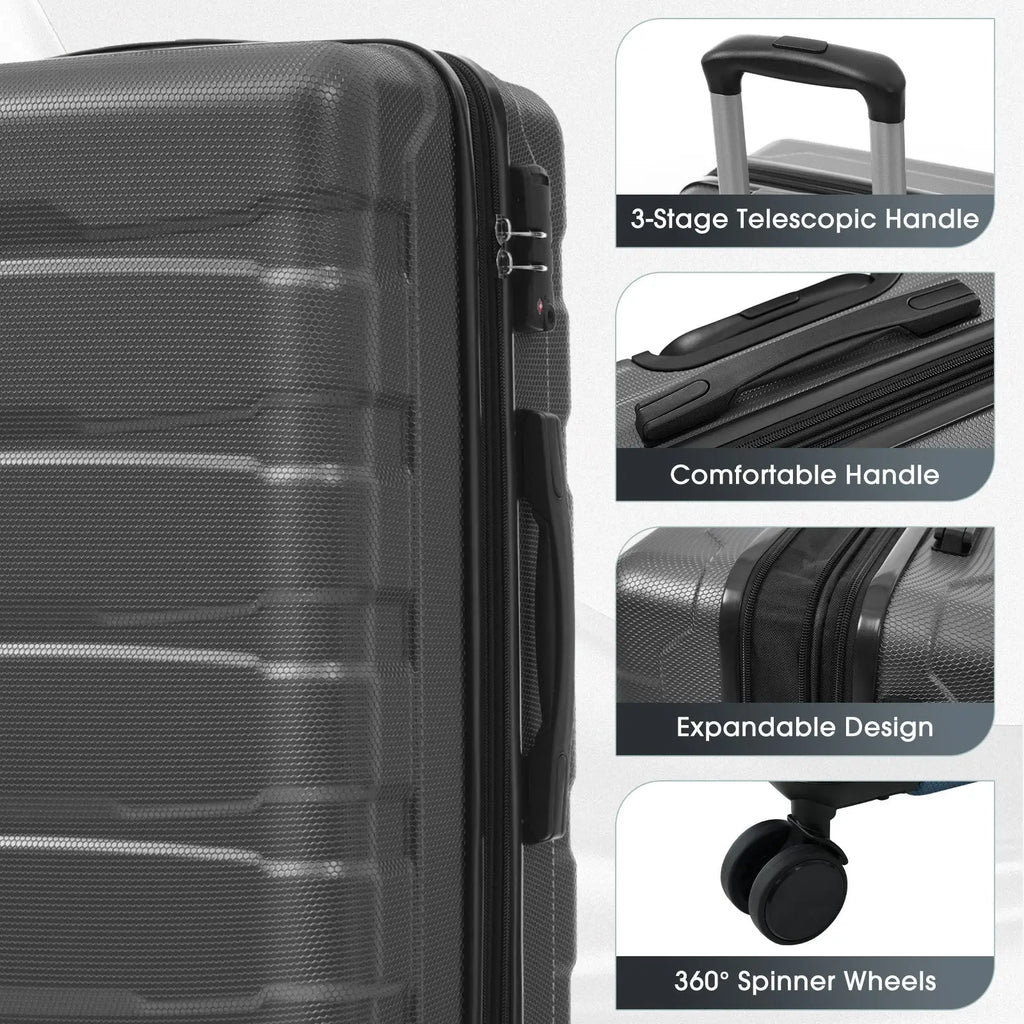 Black 24 inch expandable hardshell checked luggage with textured ribbed surface durable zippers and TSA lock