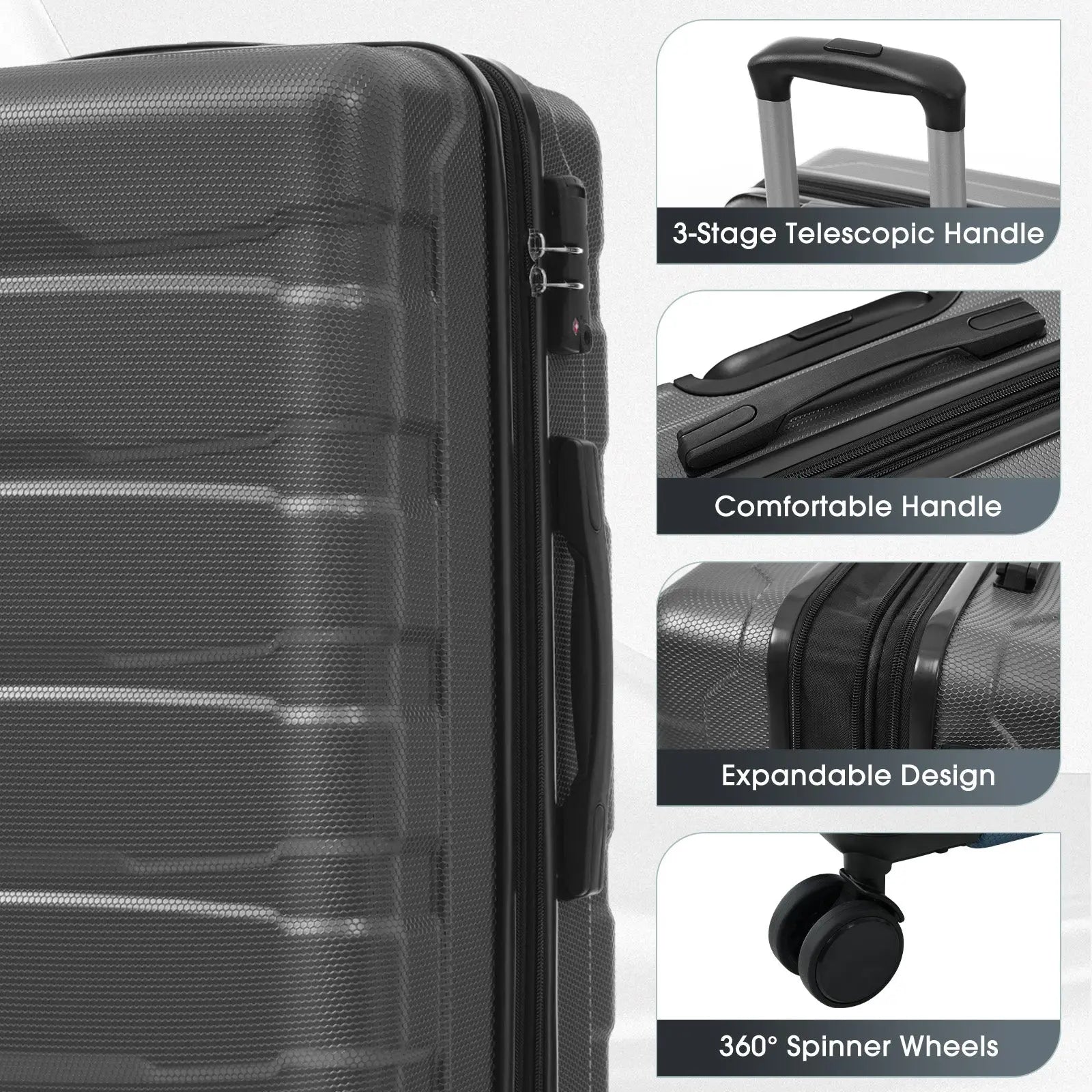 Black 24 inch expandable hardshell checked luggage with textured ribbed surface durable zippers and TSA lock