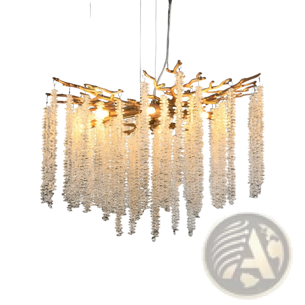 24 inch gold crystal waterfall pendant light with a golden branch chandelier adorned with cascading clear crystal beads