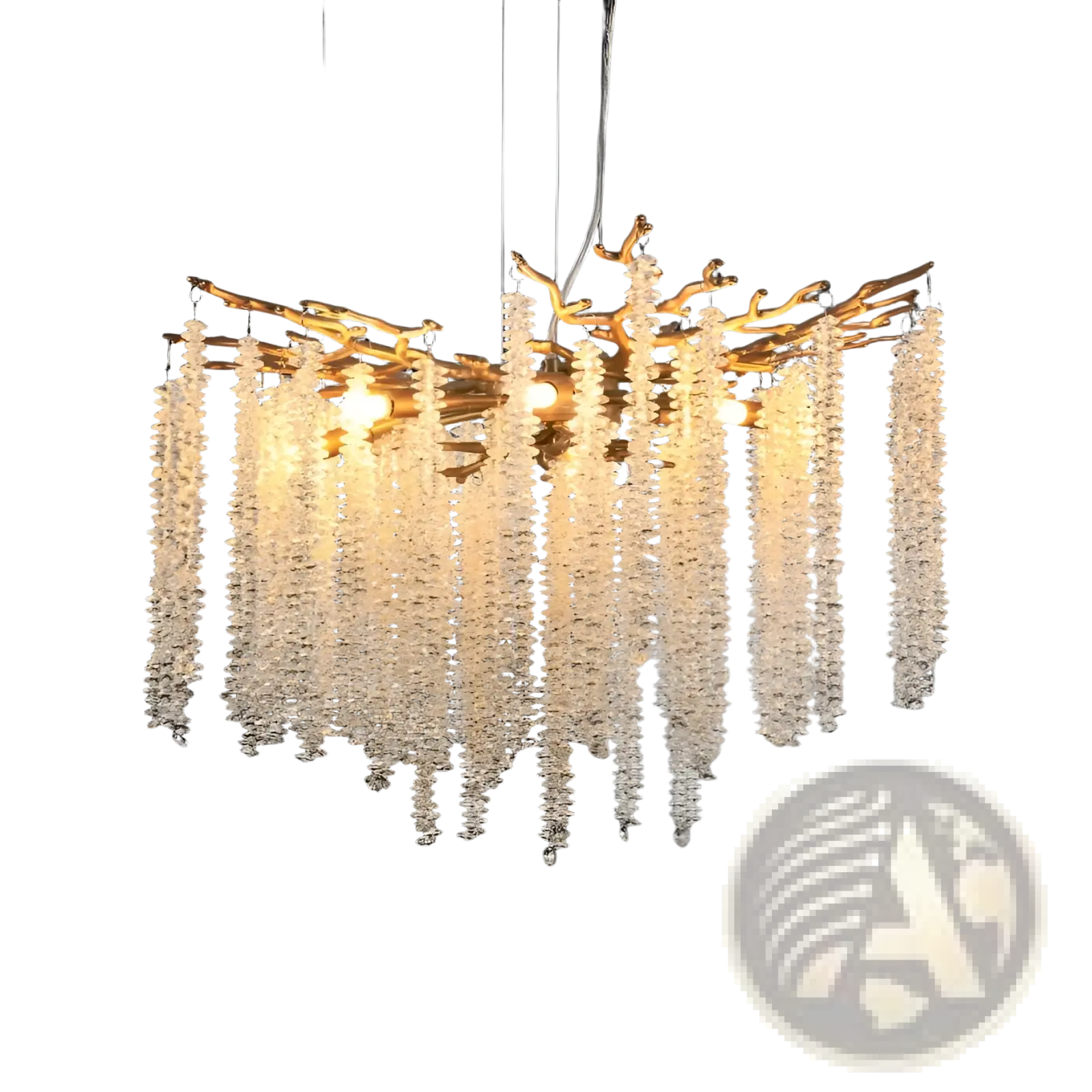 24 inch gold crystal waterfall pendant light with a golden branch chandelier adorned with cascading clear crystal beads