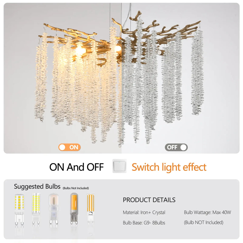 24 inch gold crystal waterfall pendant light featuring a golden branch chandelier with cascading crystal strands