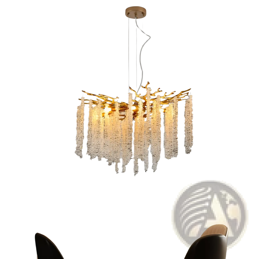 24 inch gold crystal waterfall pendant light featuring a golden branch-style chandelier with cascading crystal strands