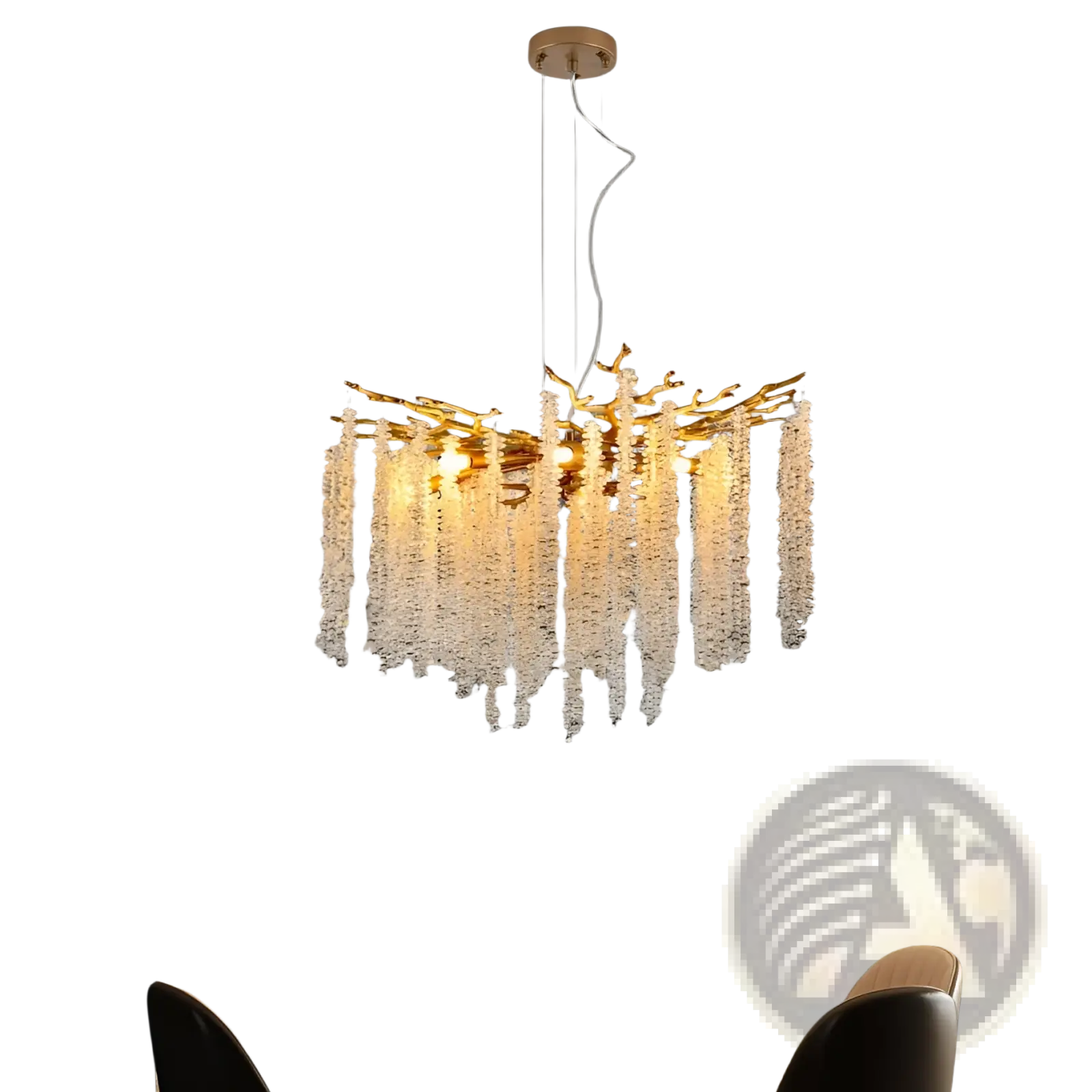 24 inch gold crystal waterfall pendant light featuring a golden branch-style chandelier with cascading crystal strands