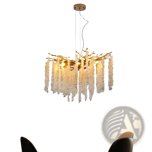 24 inch gold crystal waterfall pendant light featuring a golden branch-style chandelier with cascading crystal strands