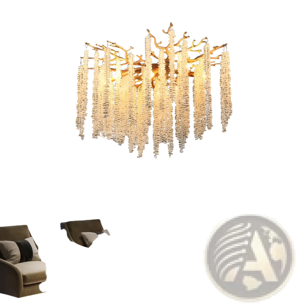 24 inch gold crystal waterfall pendant light with a golden branch-like frame and cascading clear crystal beads