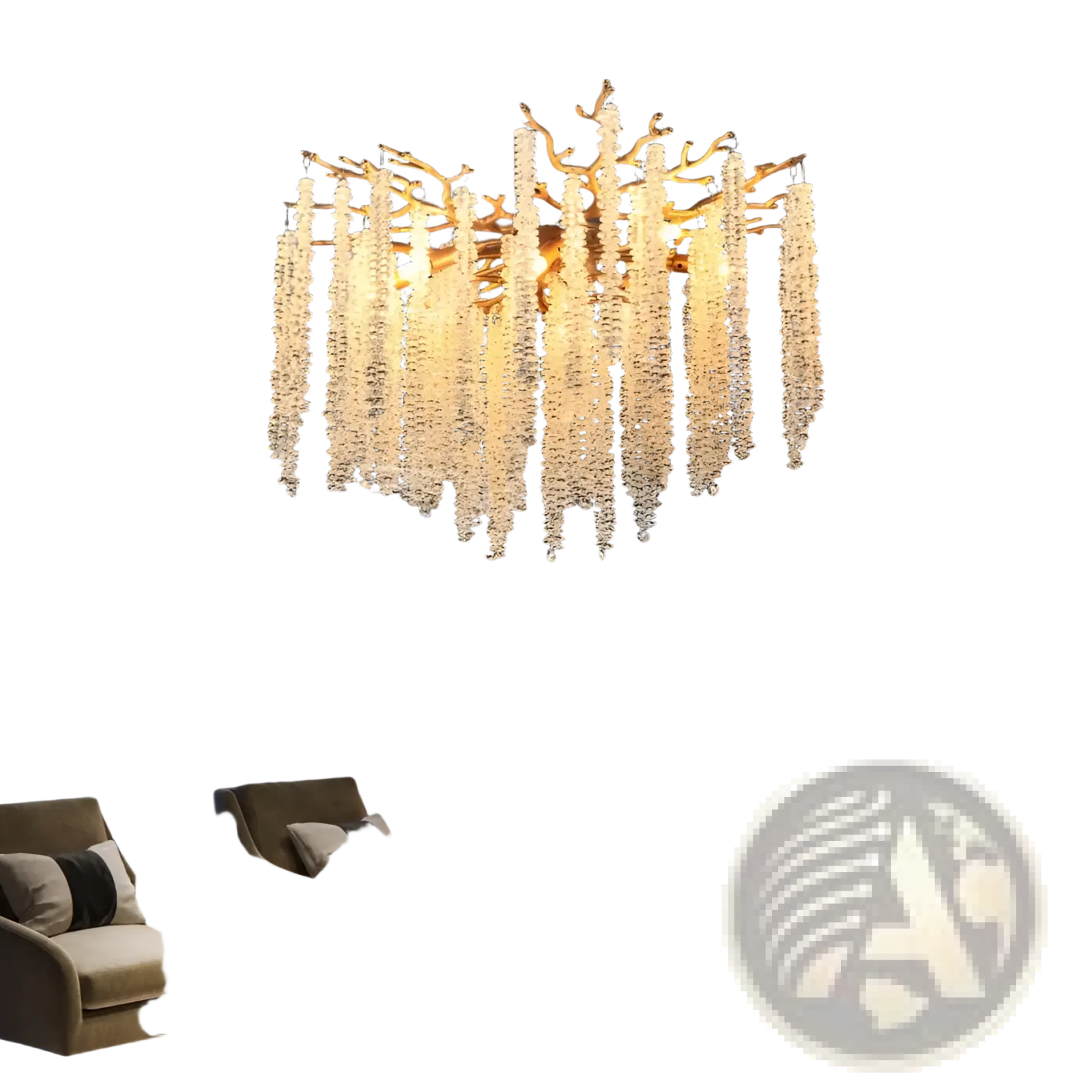 24 inch gold crystal waterfall pendant light with a golden branch-like frame and cascading clear crystal beads