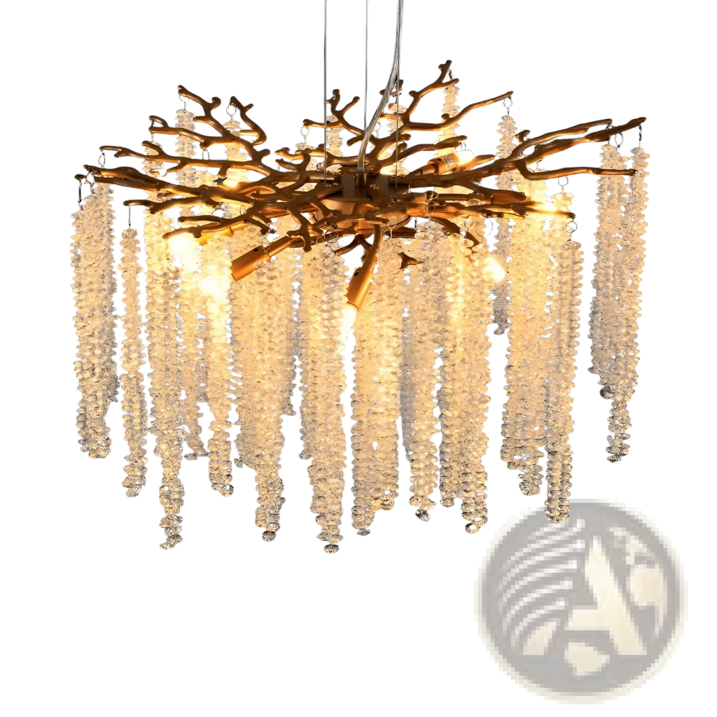 24 inch gold crystal waterfall pendant light featuring a golden branch-style chandelier with clear faceted beads