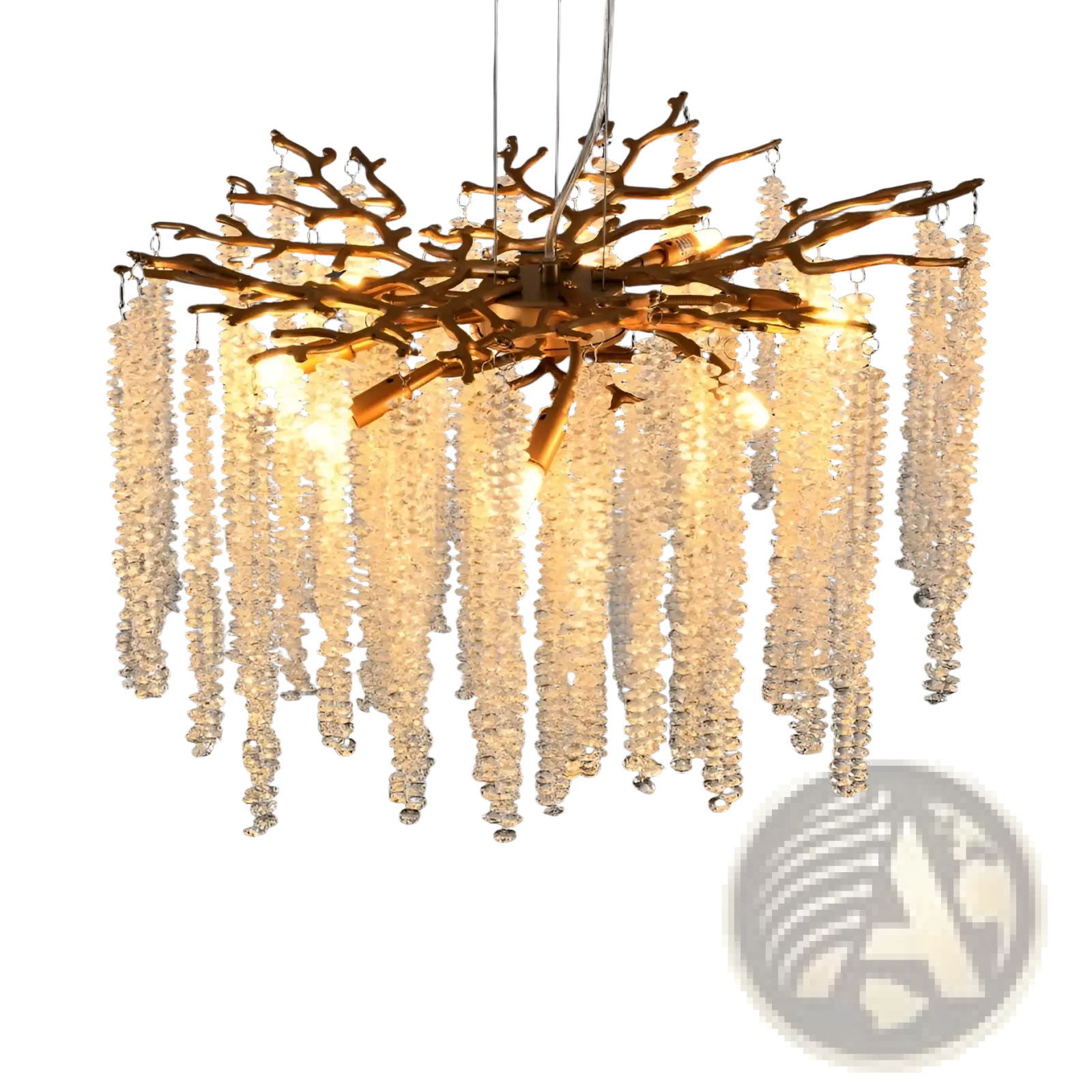 24 inch gold crystal waterfall pendant light featuring a golden branch-style chandelier with clear faceted beads