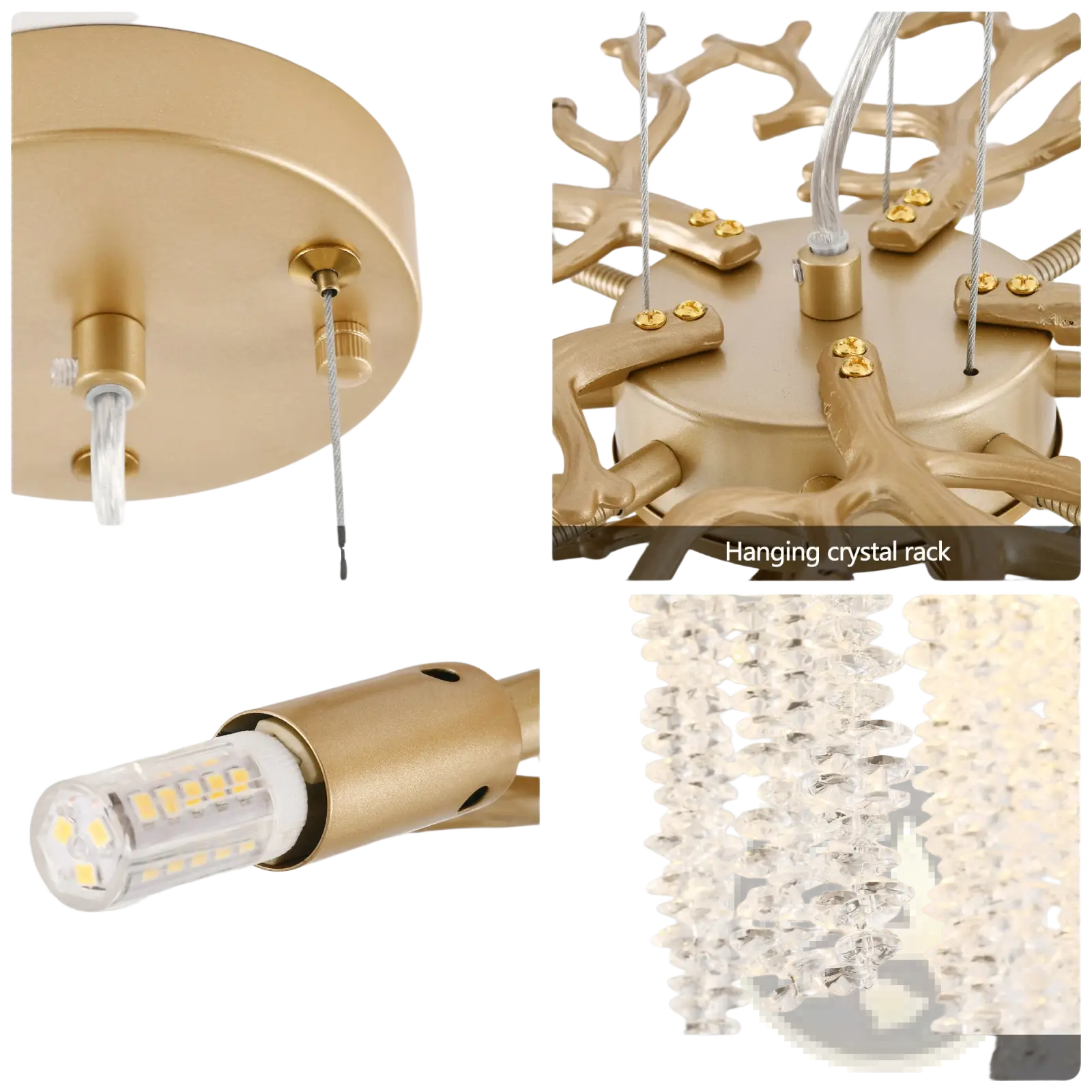 24 inch gold crystal waterfall pendant light with gold-toned tree-like metal frame and clear crystal pendants