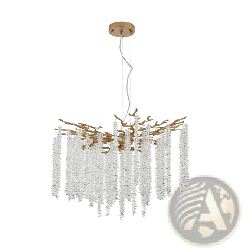 24 inch gold crystal waterfall pendant light with gold-toned metal arms and cascading clear crystal strands