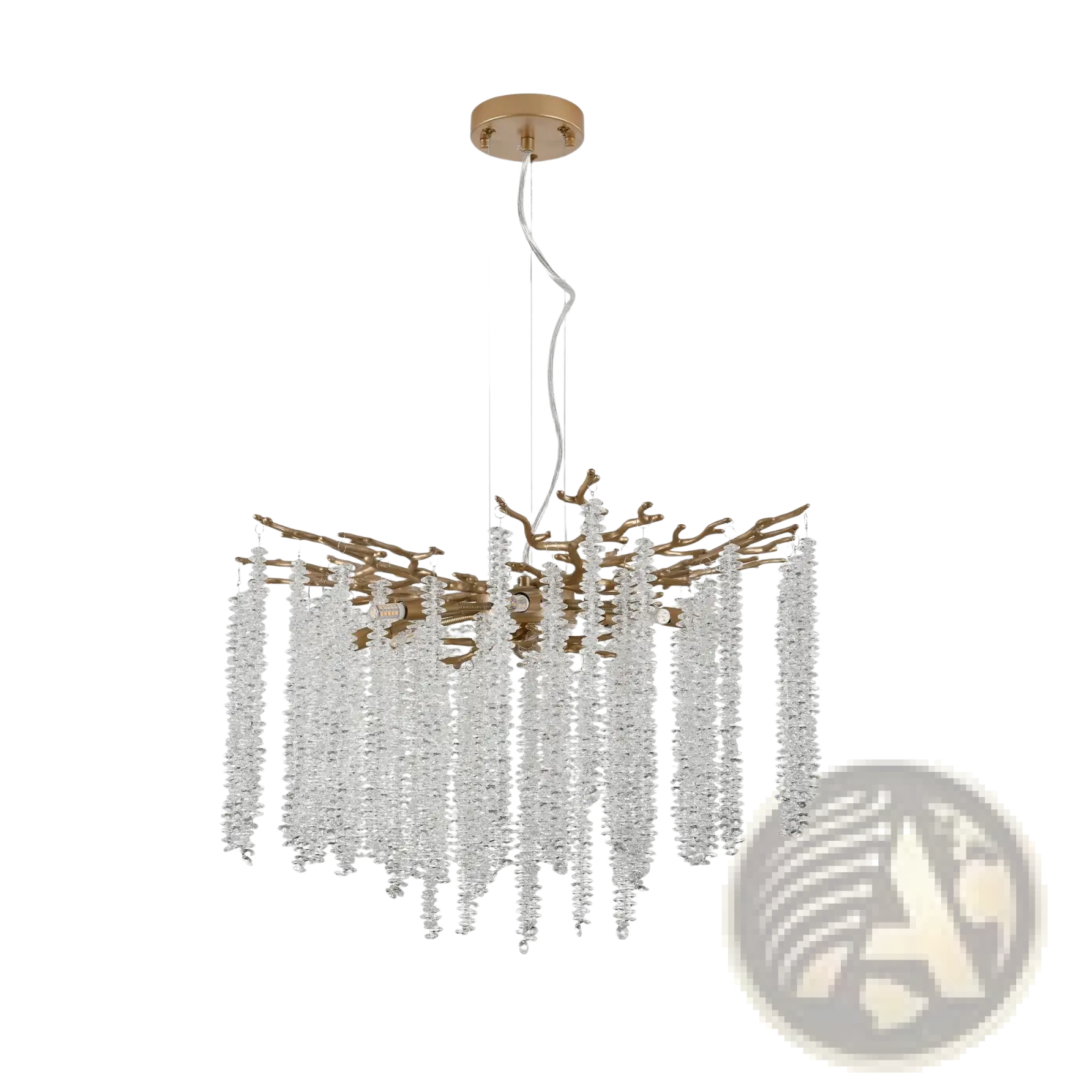 24 inch gold crystal waterfall pendant light with gold-toned branching metal frame and cascading clear crystal strands