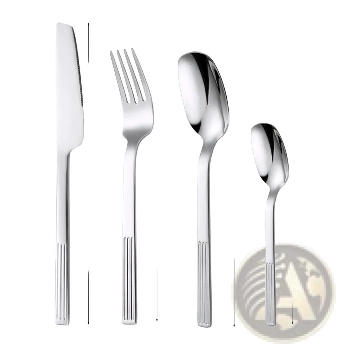 Set of four stainless steel cutlery pieces with sleek ribbed handles and polished reflective surfaces from 24-piece set