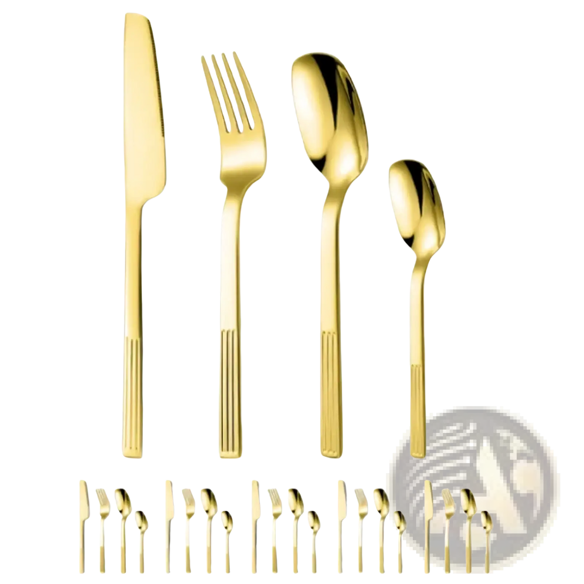 Gold-colored 24-piece stainless steel cutlery set with sleek ribbed handles and polished metallic finish