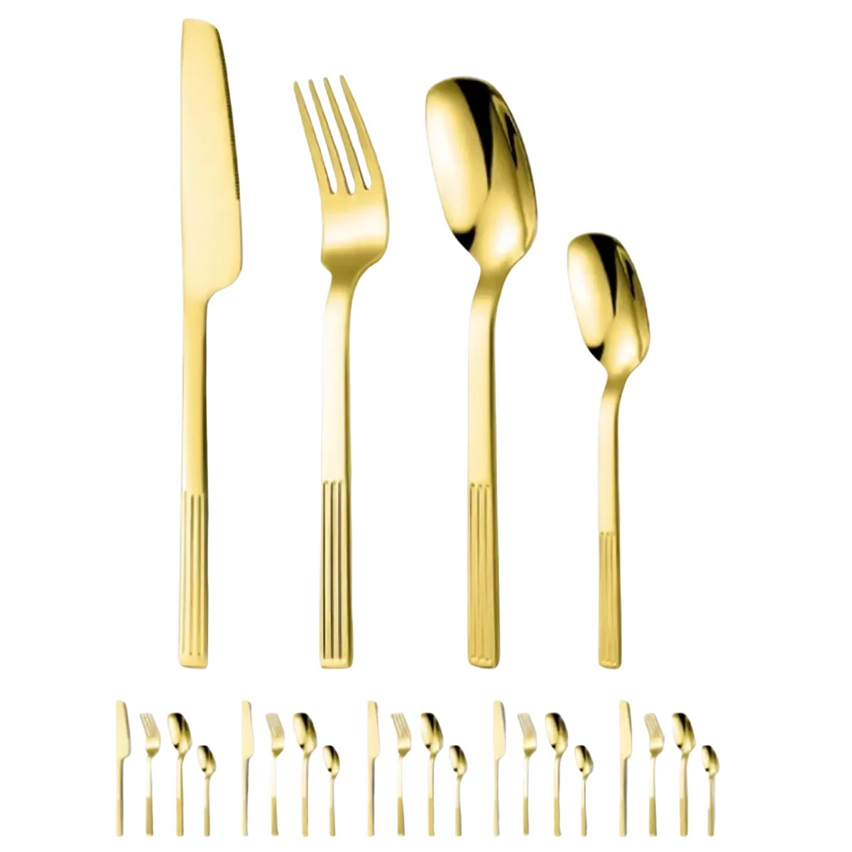 Gold-colored 24-piece stainless steel cutlery set with sleek ribbed handles and polished metallic finish