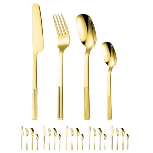Gold-colored 24-piece stainless steel cutlery set with sleek ribbed handles and polished metallic finish
