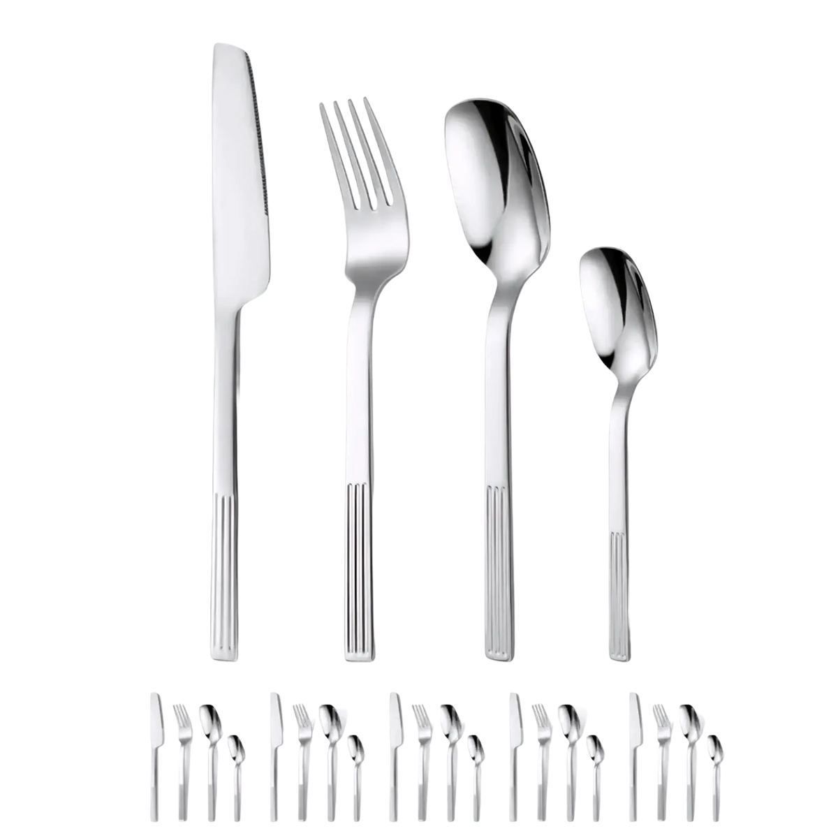 24-piece stainless steel cutlery set with shiny finish and sleek ribbed handles in modern design