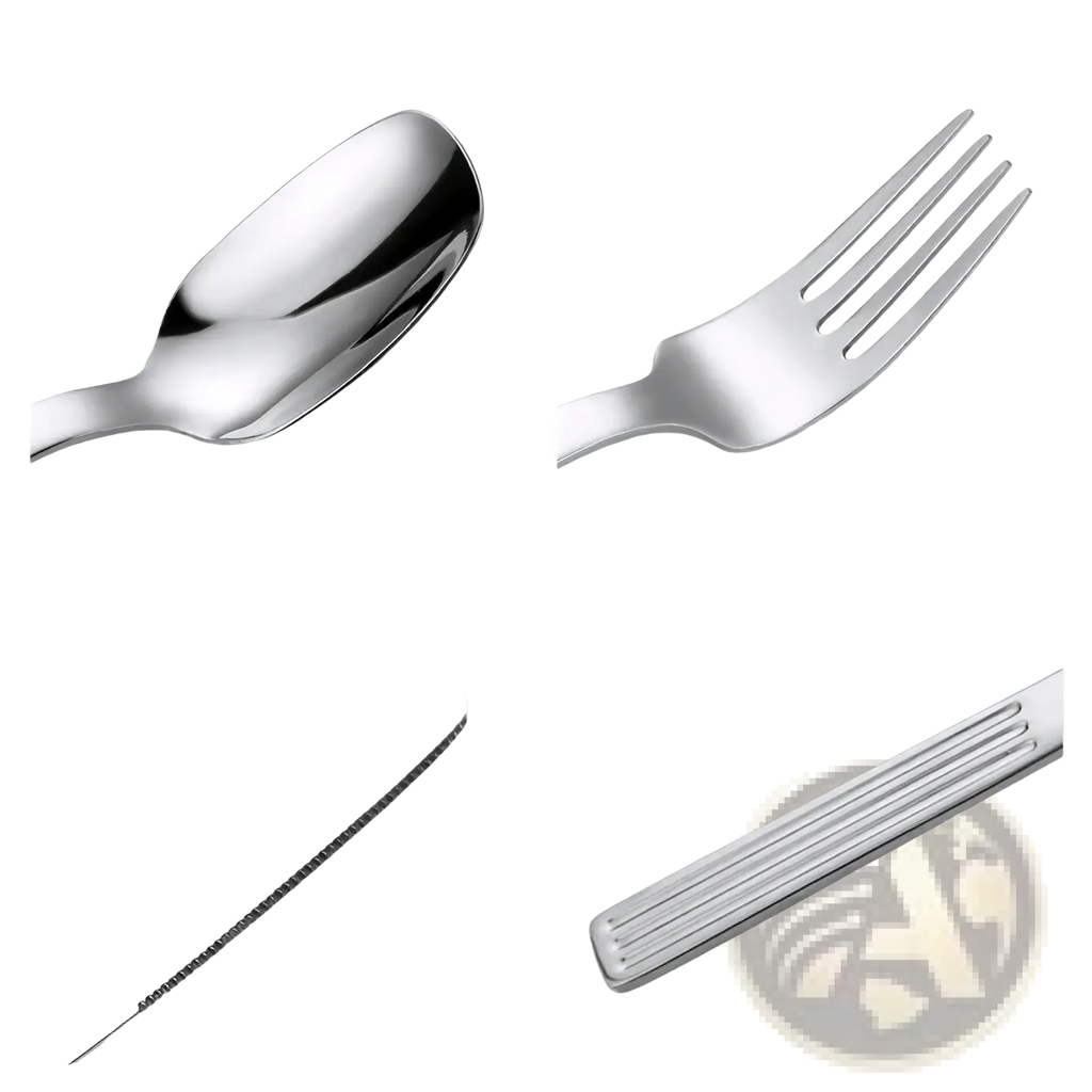 Shiny stainless steel 24-piece cutlery set with spoon fork knife serrated edge and textured handle in silver color