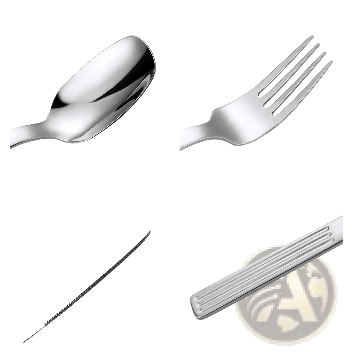 Shiny stainless steel 24-piece cutlery set with spoon fork knife serrated edge and textured handle in silver color