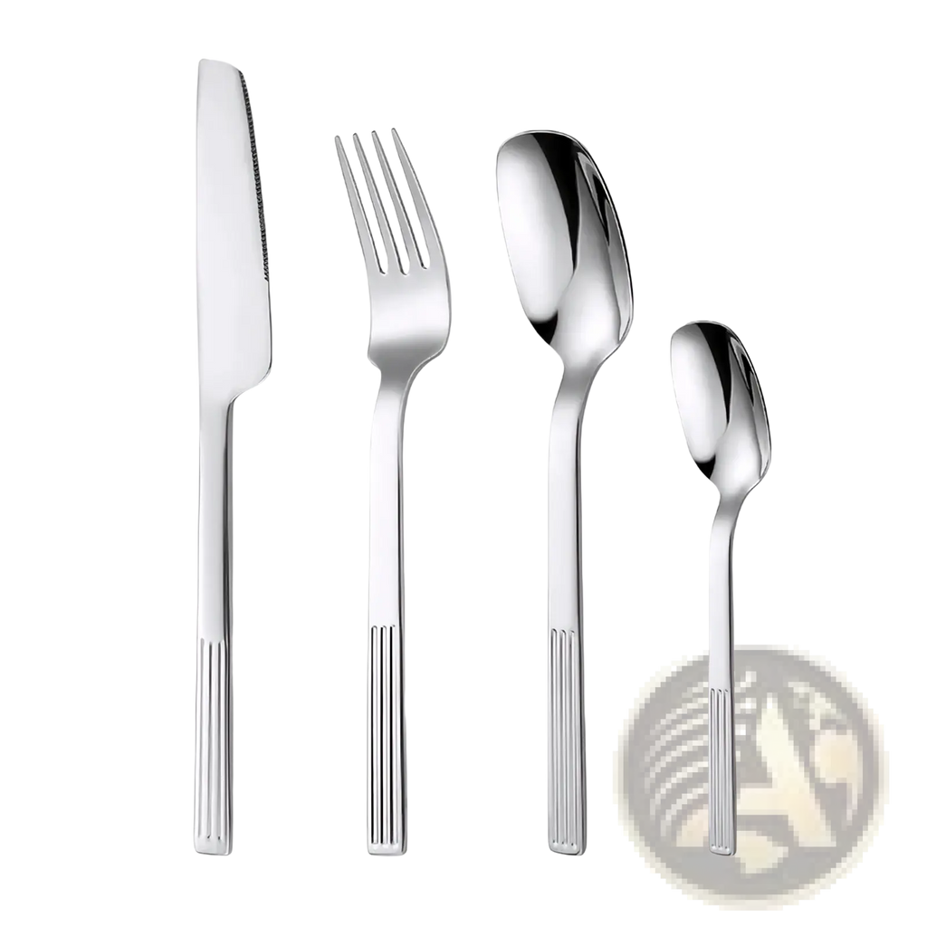 Shiny stainless steel 24-piece cutlery set with sleek vertically ribbed handles and modern design