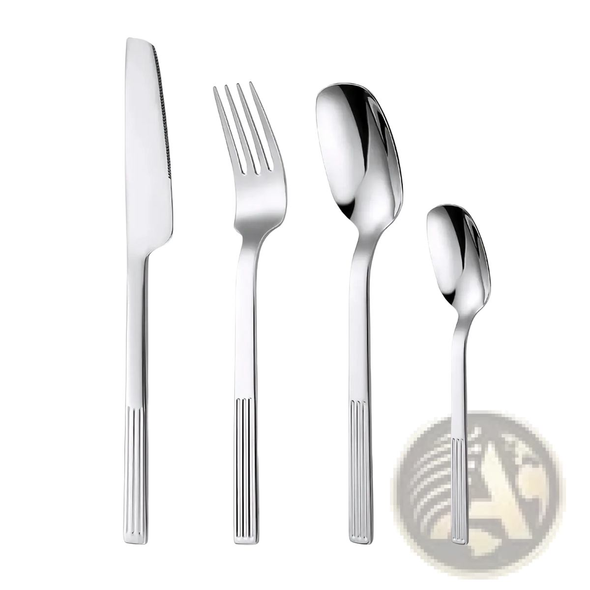 Shiny stainless steel 24-piece cutlery set with sleek vertically ribbed handles and modern design