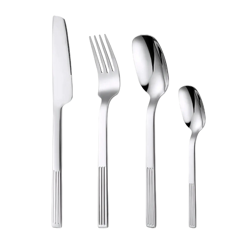 Shiny stainless steel 24-piece cutlery set with sleek vertically ribbed handles and modern design